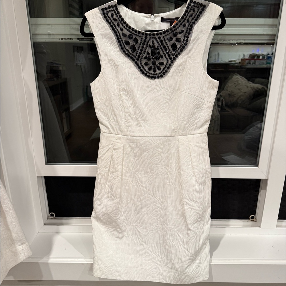 BCBGMaxAzria White Dress with Black Beaded Detail